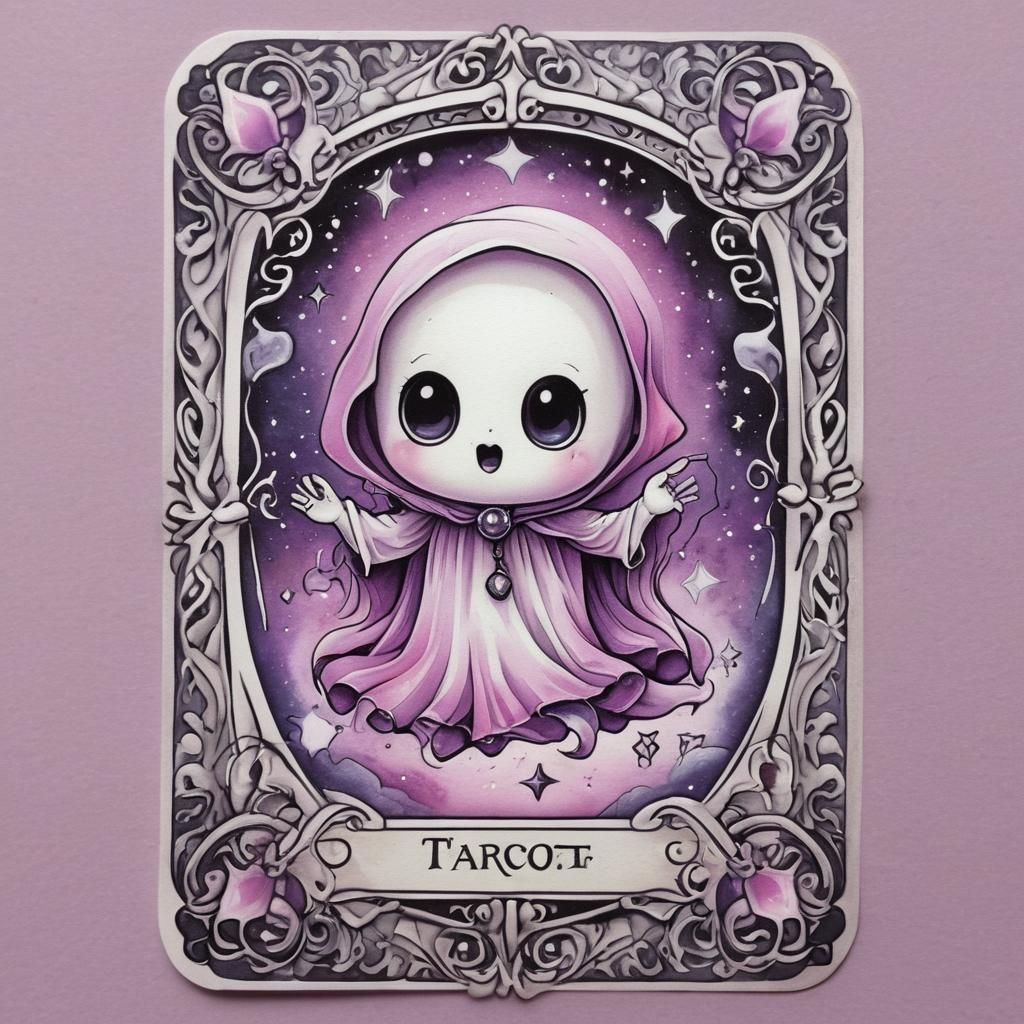 halloween tarot card with an image of a cute Chibi Ghost lig...