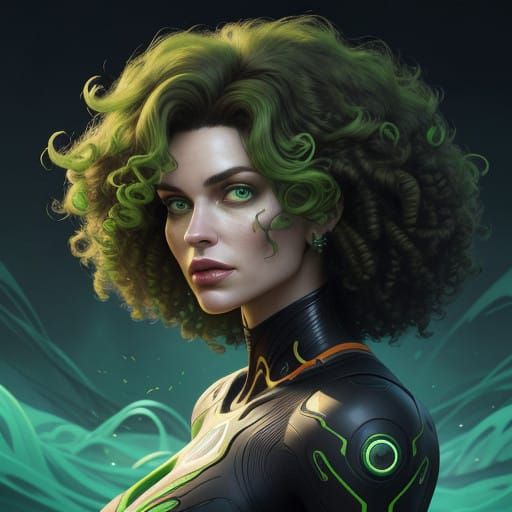 Confident Woman in Bold Cyberpunk Landscape