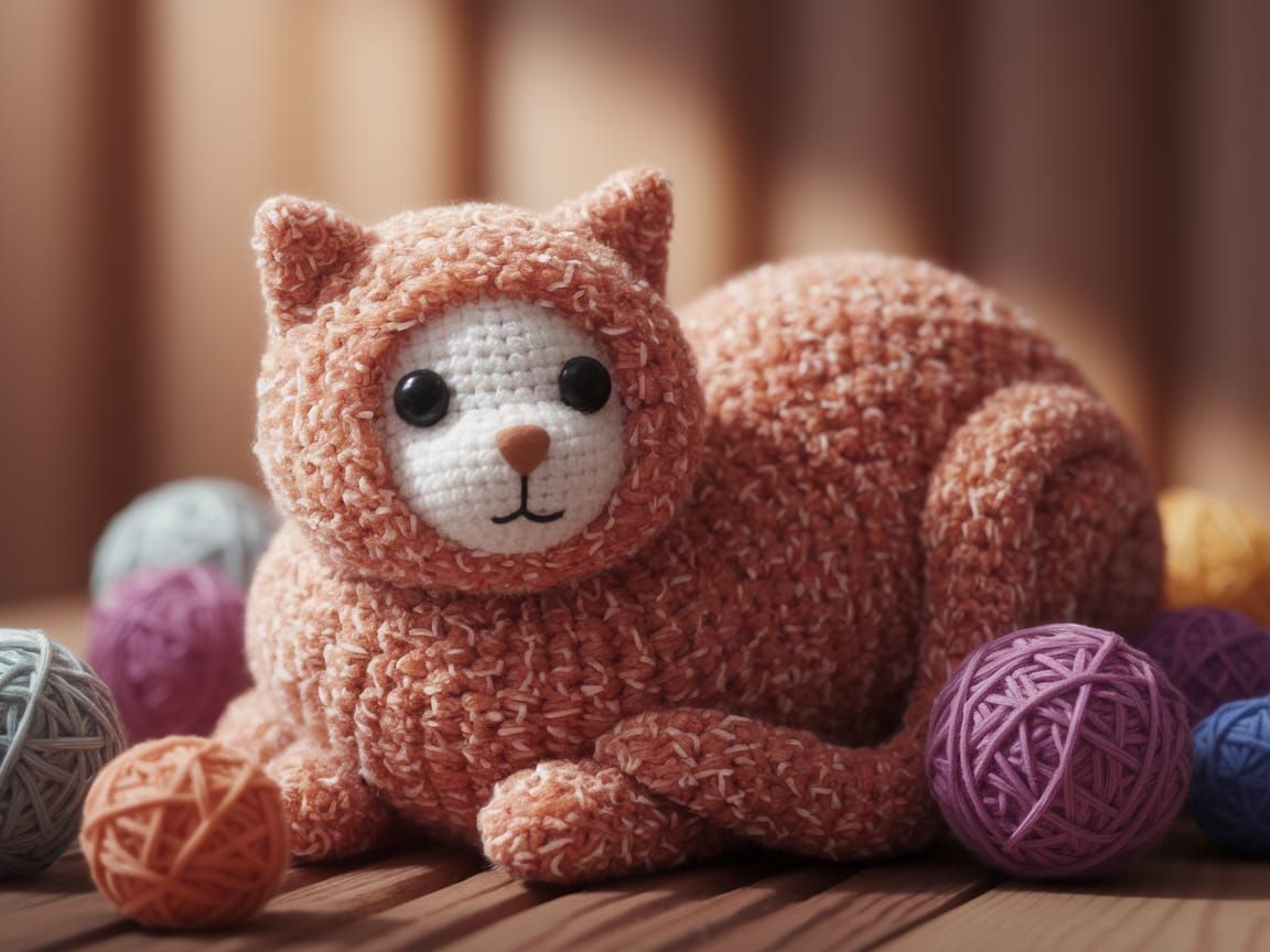 Whimsical Low-Poly Cat Amidst Colorful Yarn Balls
