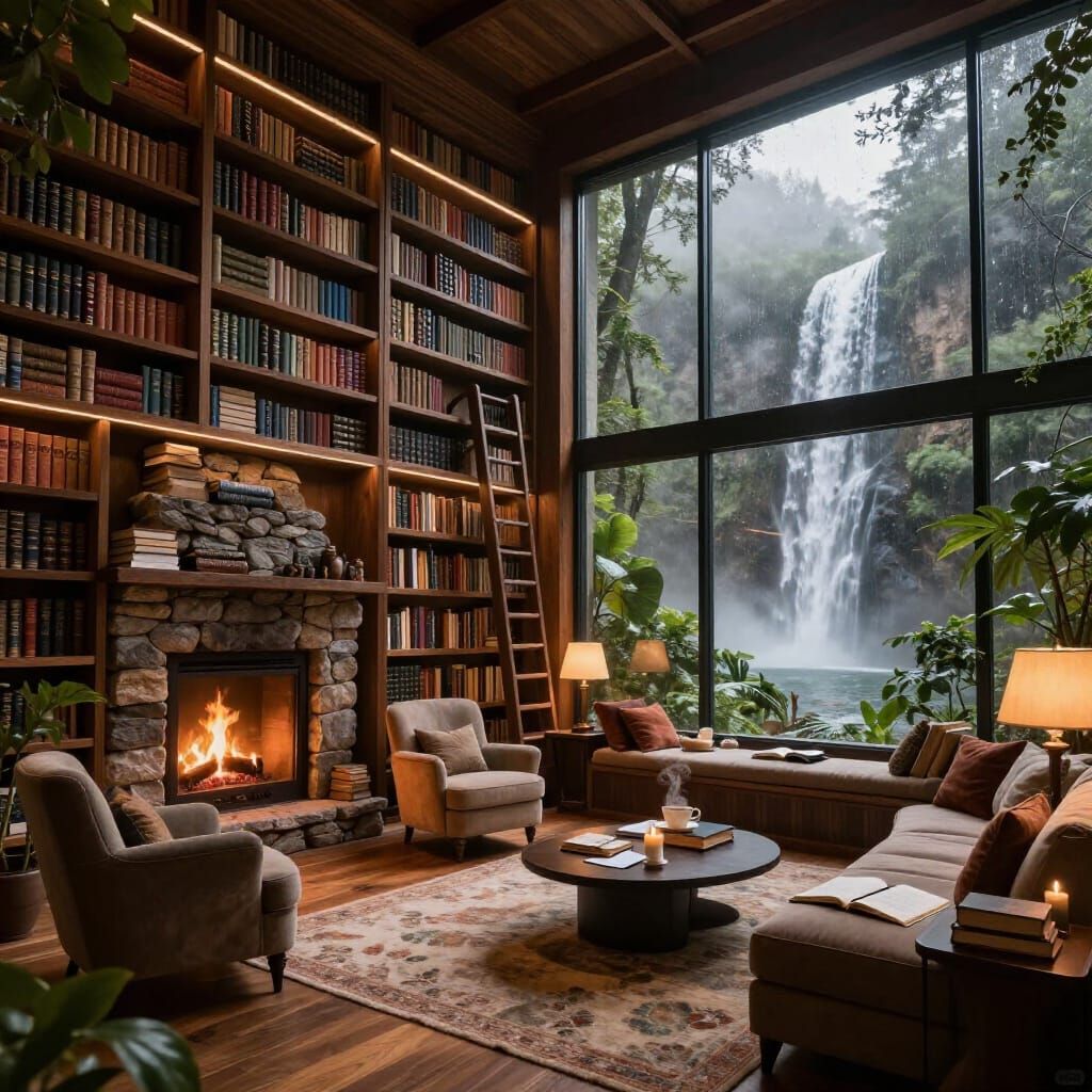 Luxury Biophilic Reading Room with Forest View