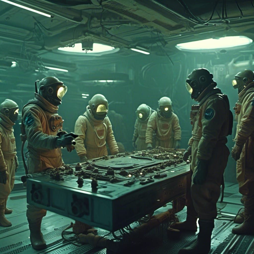 Eerie Underwater Research Center in Retro Videogame Style