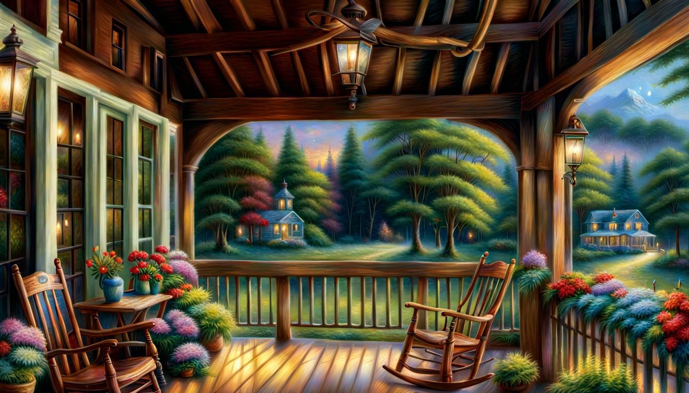 Idyllic Porch Scene in Kinkade Style