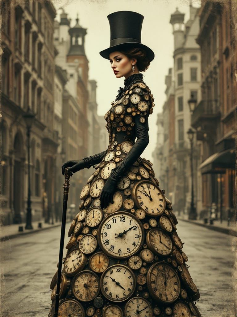 Steampunk Clockwork Woman in Surreal Cityscape