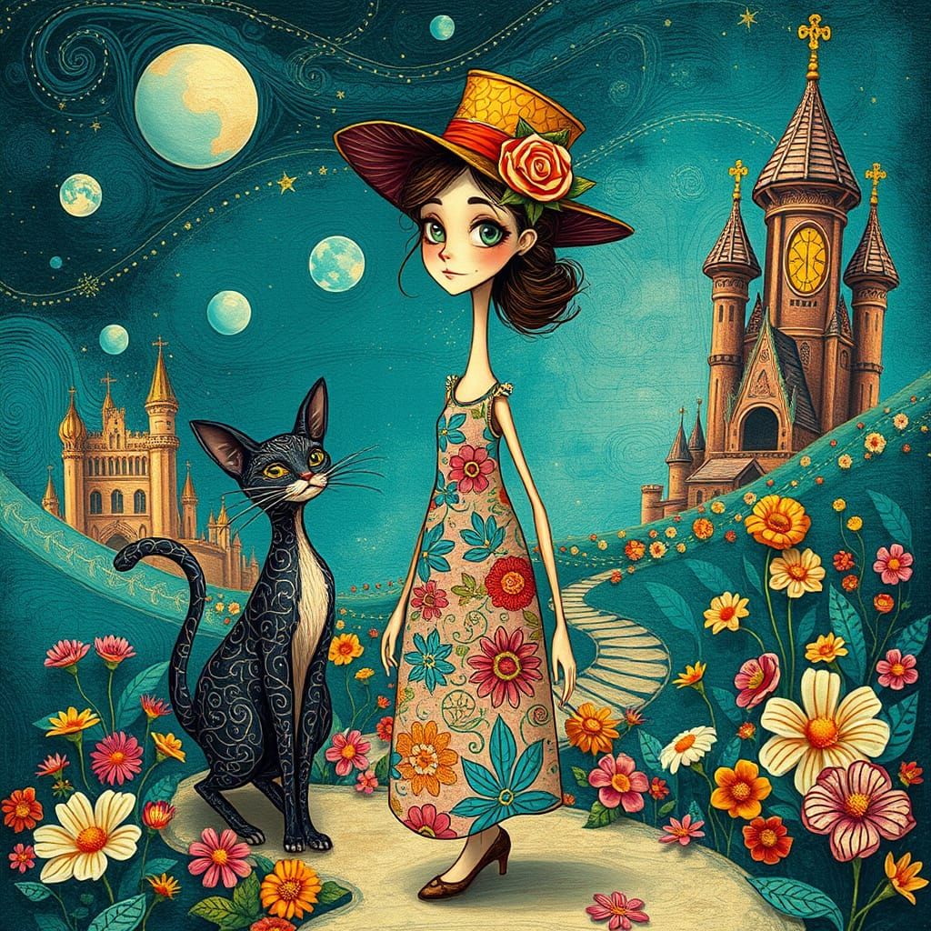 Whimsical Girl and Cat in Pointillist Cartoon Style