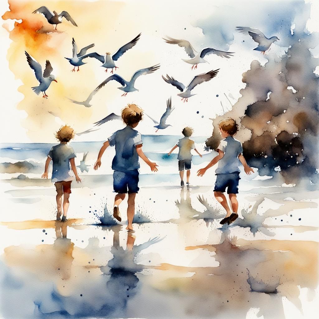 Children Playing on Beach in Watercolor Style