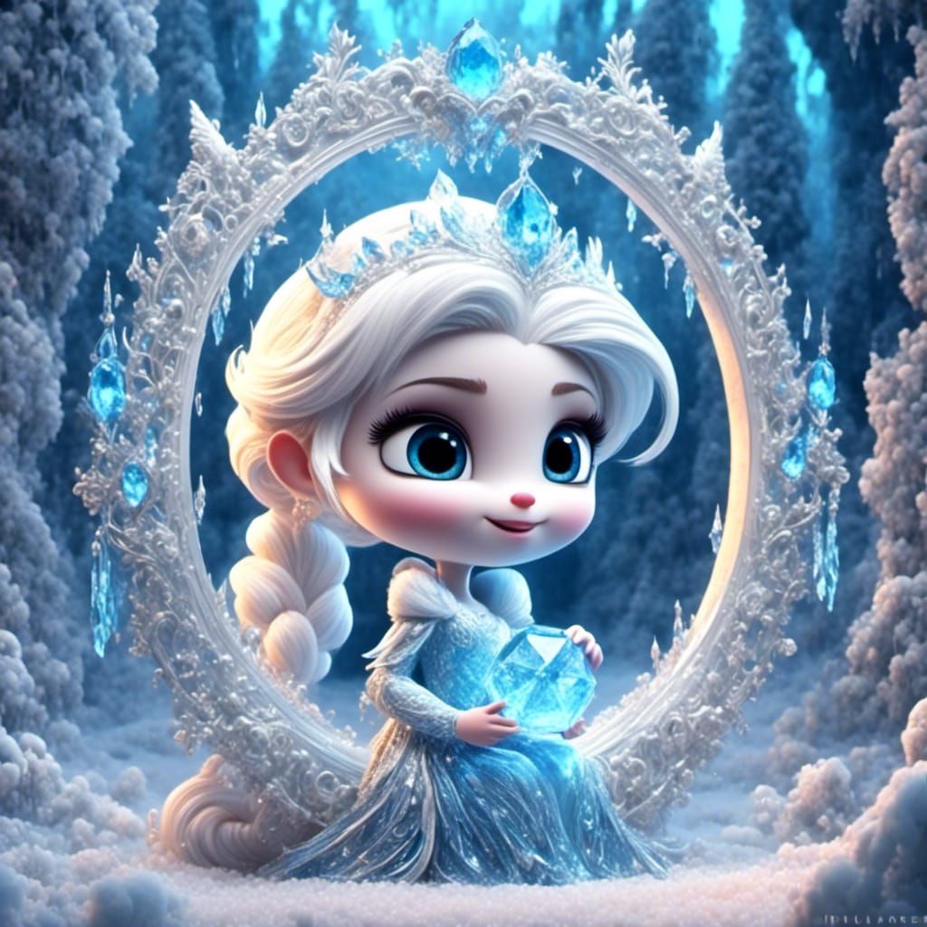 Elsa Framed by Iridescent Ice in Pixar Style