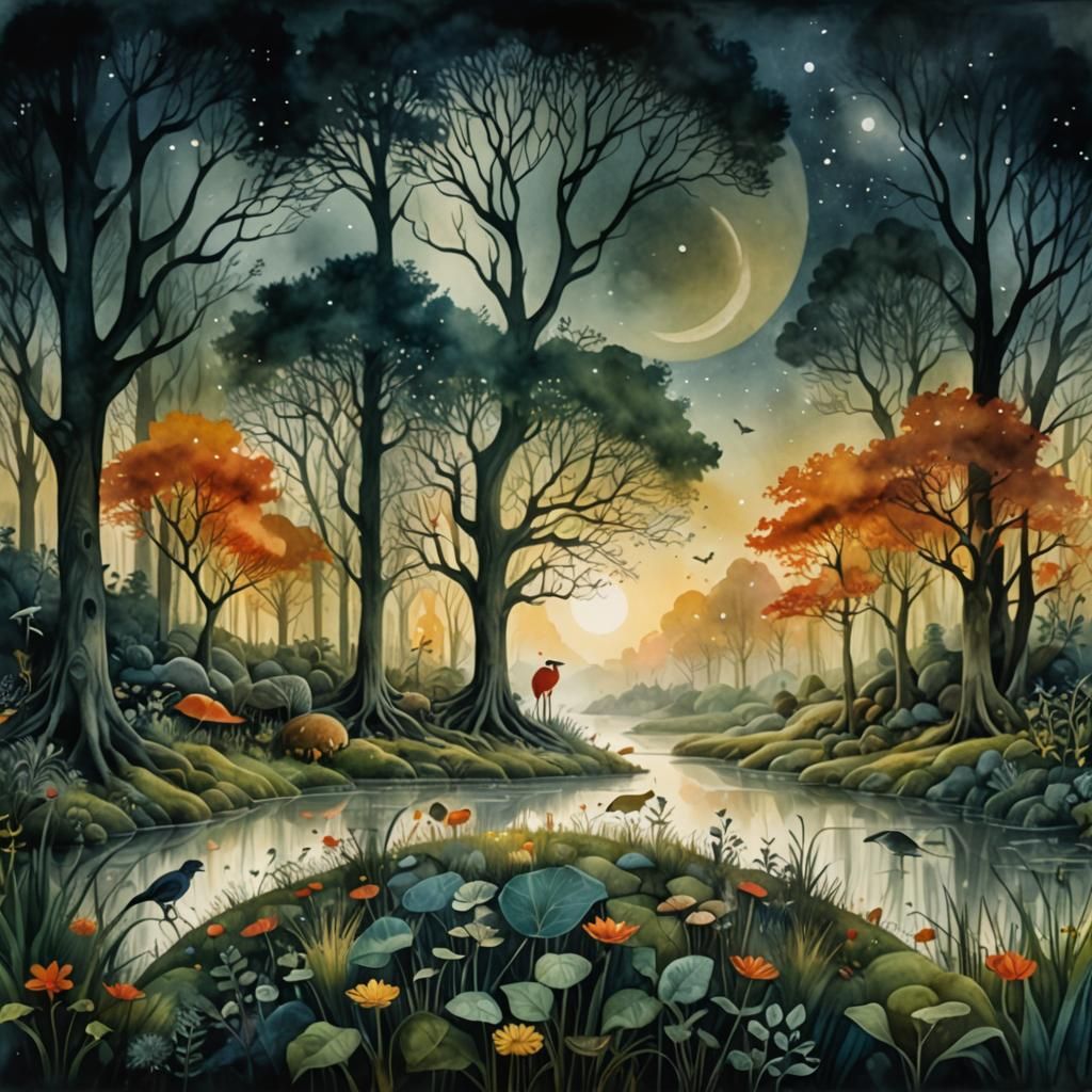 Enchanted Forest with Sunrays in Storybook Style