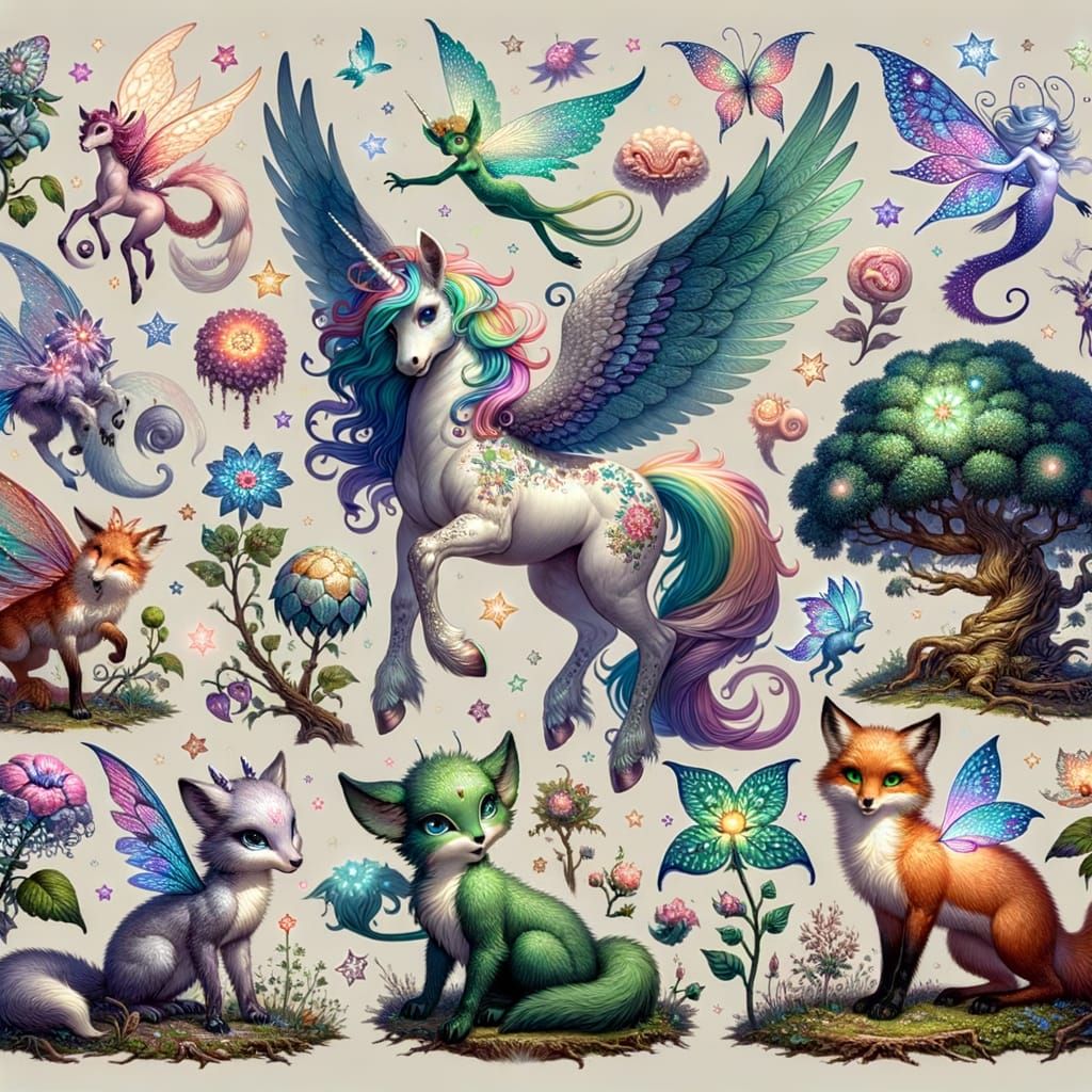 Magical Wonderland with Winged Unicorn and Enchanted Plants