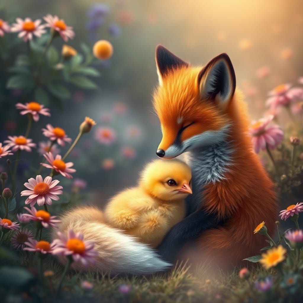 Fox and Chick Cuddle in Ethereal Garden
