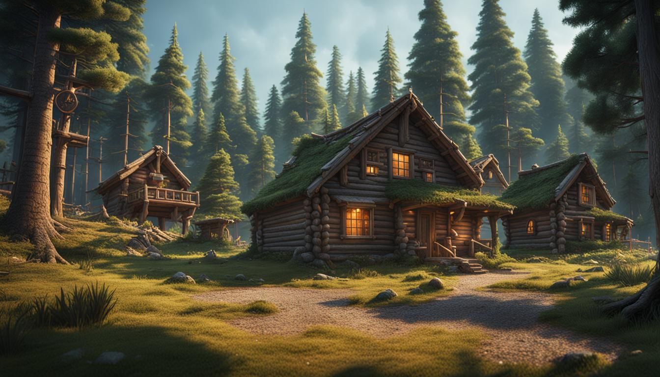 Cabins in Pine Forest: Detailed Matte Painting