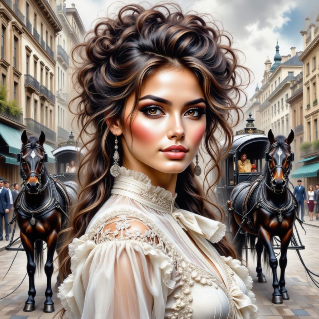 Elegant Woman with Carriage on European Street