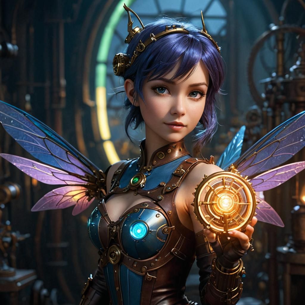 Steampunk Tinkerbell in Dimly Lit Workshop: Cel-Shaded Anime
