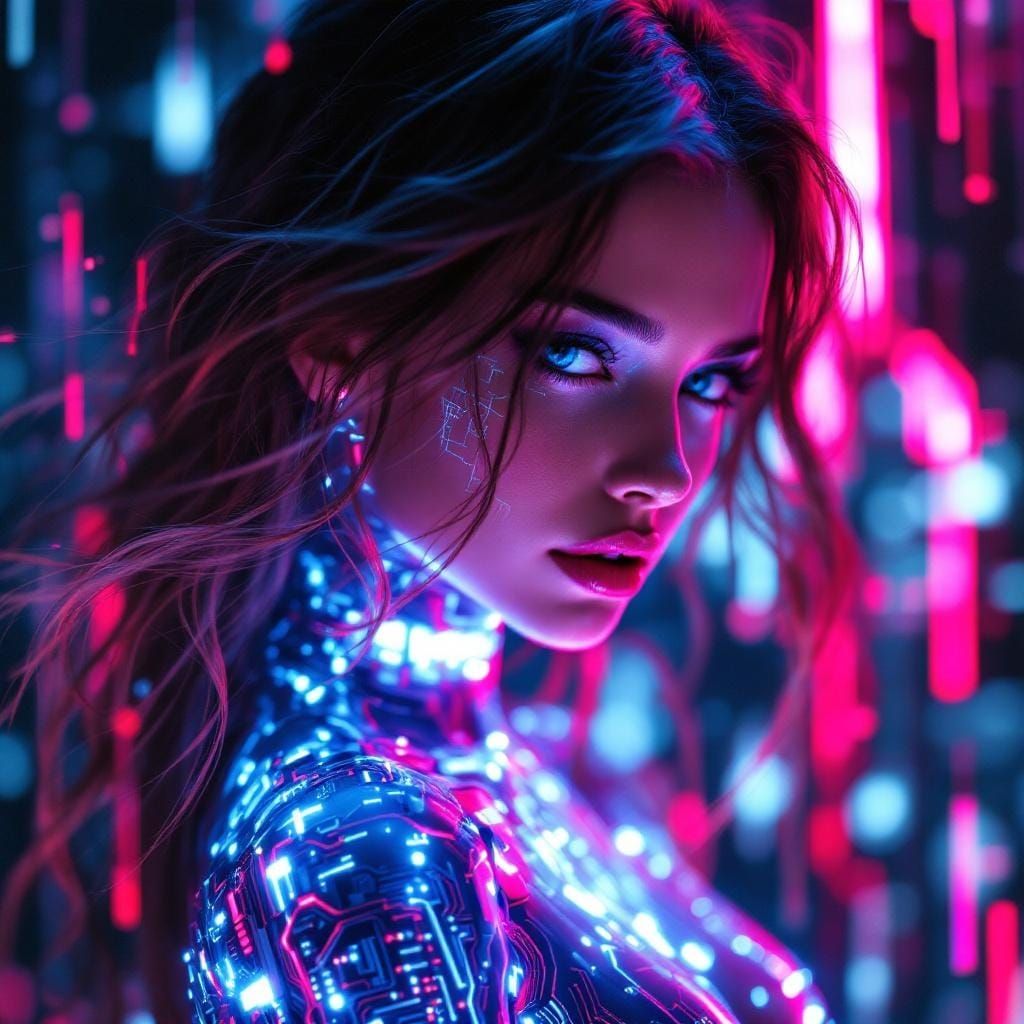 Cyberpunk Woman with Flowing Hair in Neon Light