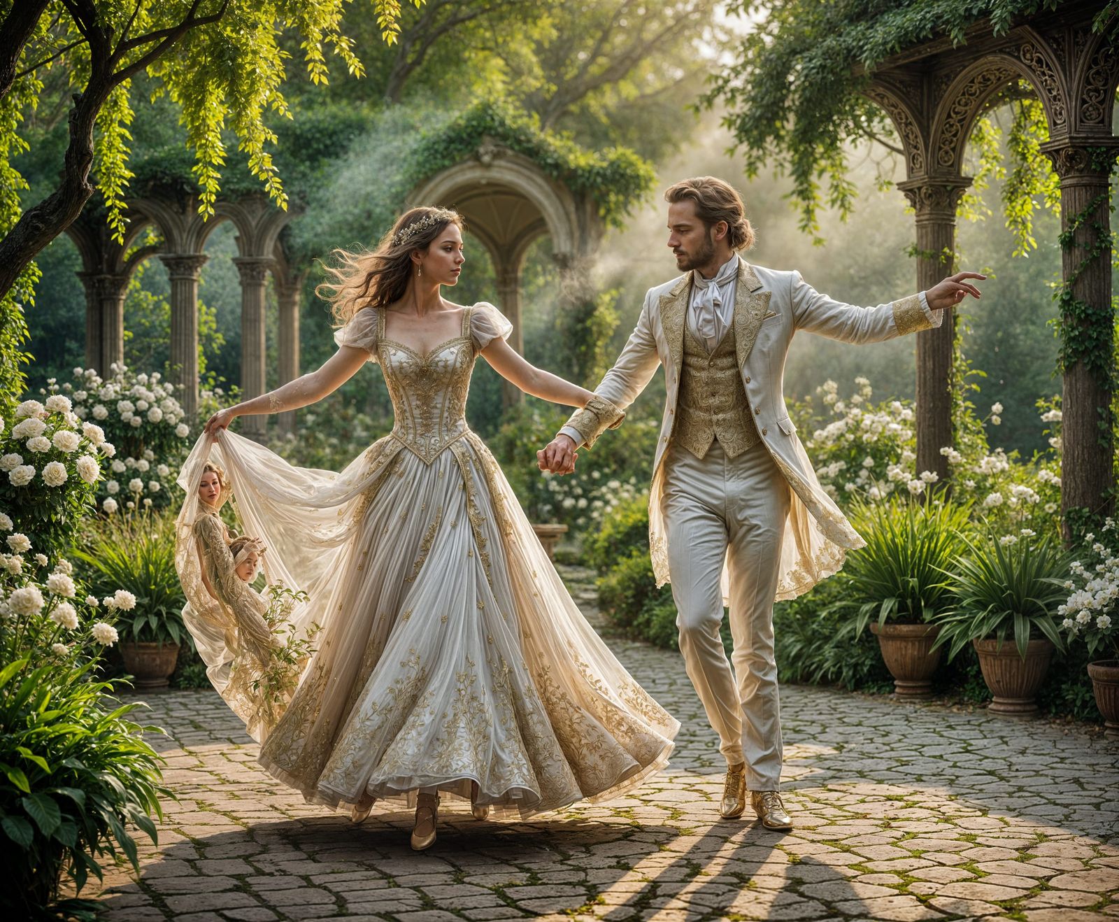 Ethereal Lovers Dancing in a Golden Garden