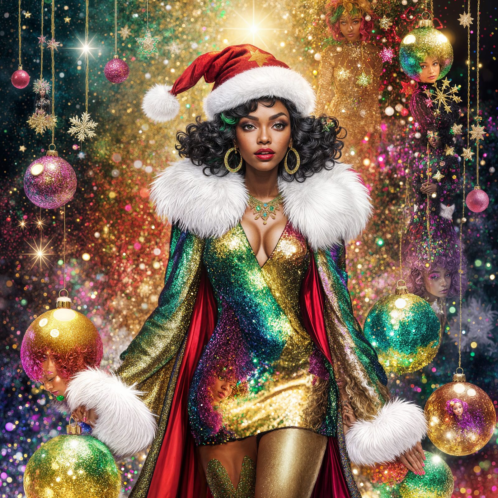 Glamorous Woman in Rainbow Sequin Dress with Ornaments