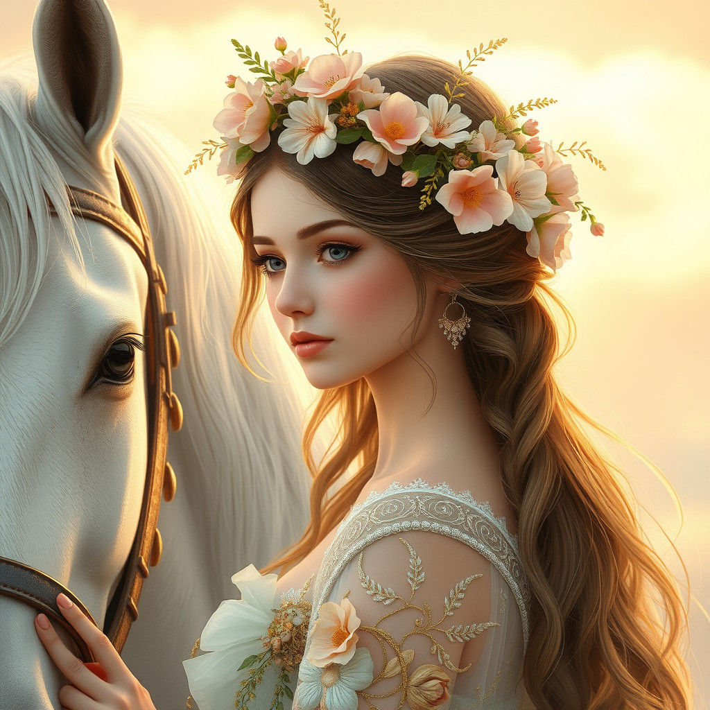 Ethereal Flower Girl and Horse, Digital Art