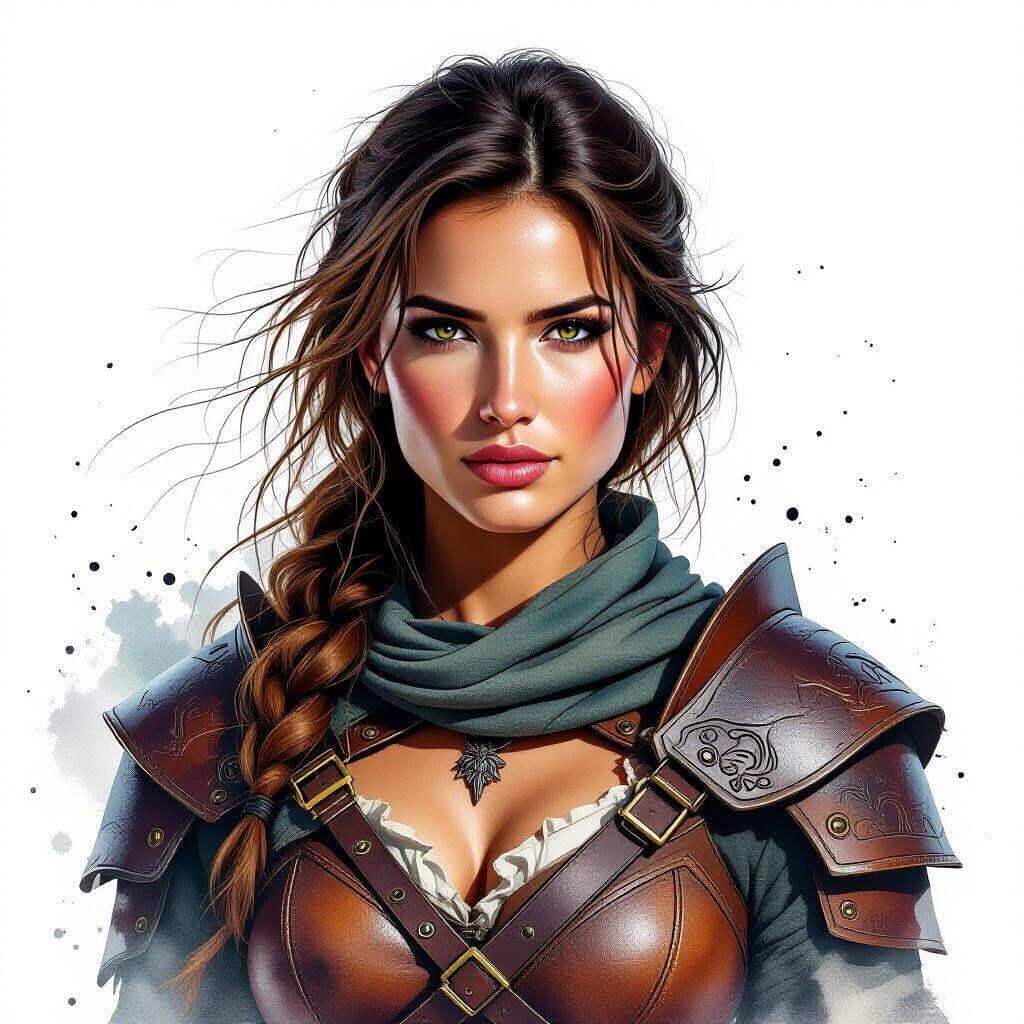 Watercolor Warrior Woman Portrait with Leather Armor