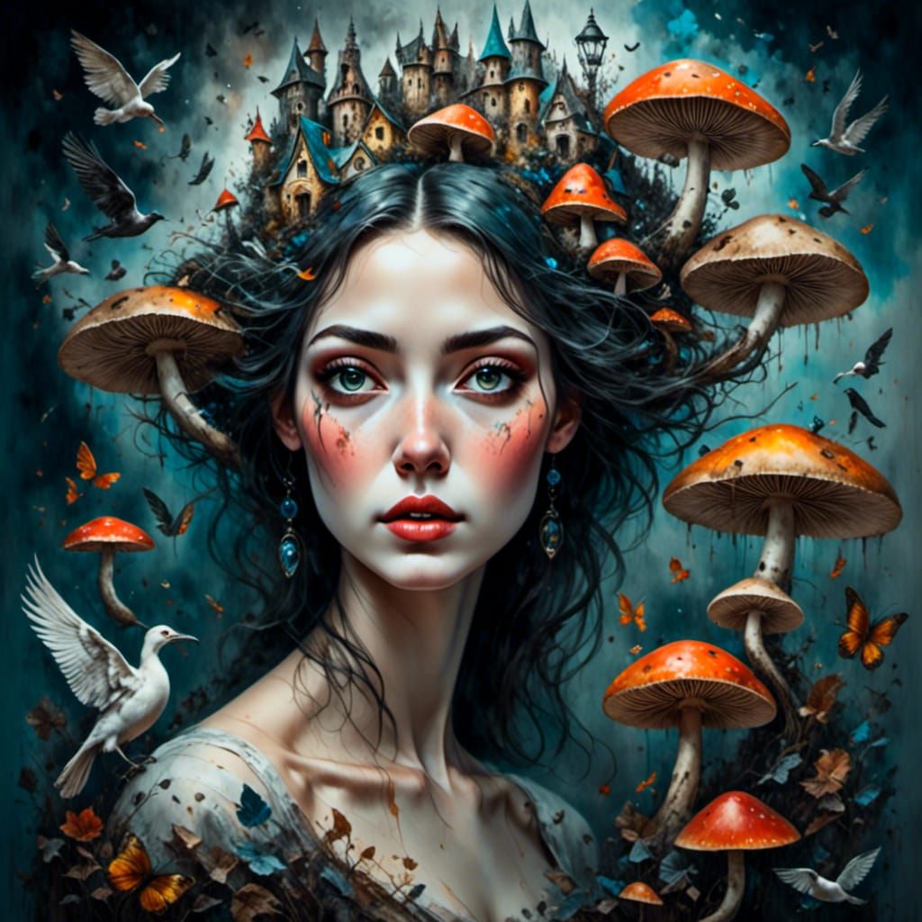 Surreal Woman with Magic Mushroom in Dreamy Fairytale