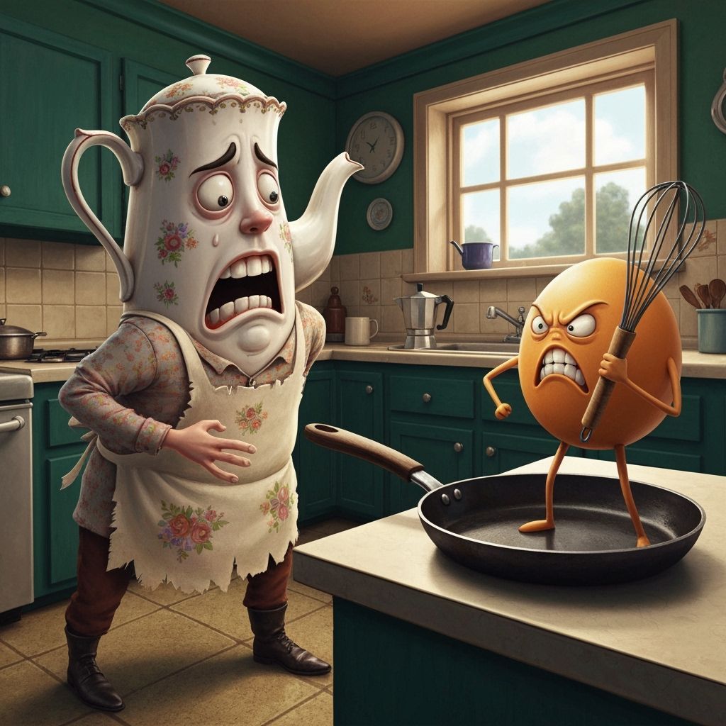Terrified Teapot Faces Angry Egg in 1950s Kitchen
