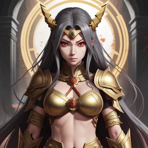 Anime Warrior Girl in Gold Armor Labyrinth