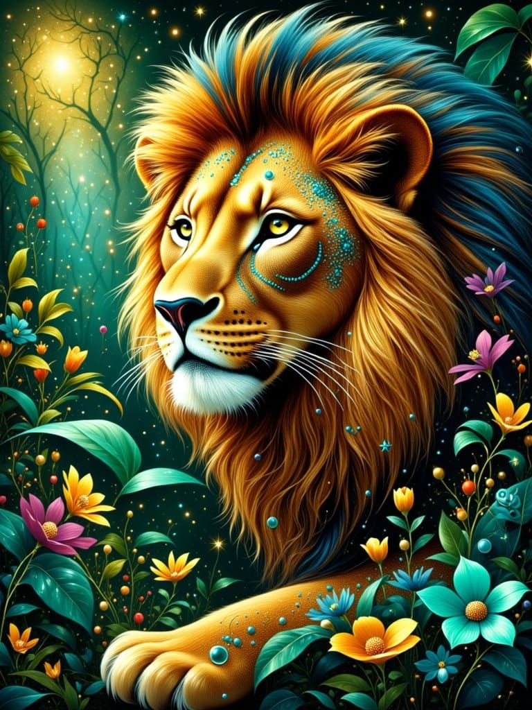 Majestic Lion Portrait in Pointillism Style