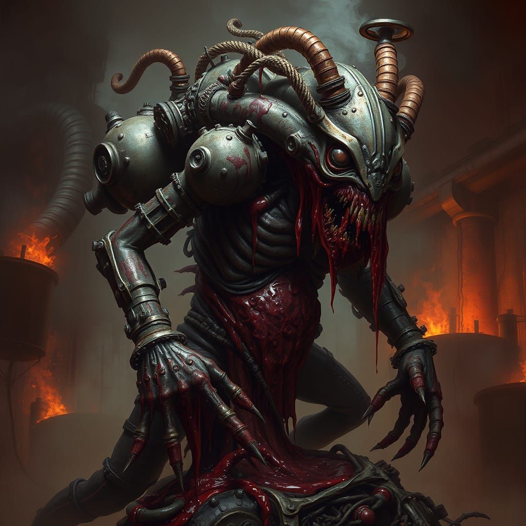 Cybernetic Demon Unleashed in Dark Industrial Decay