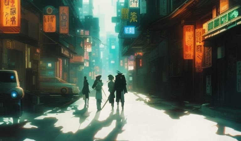 Noir Cyberpunk Street Scene in Gouache Illustration Style