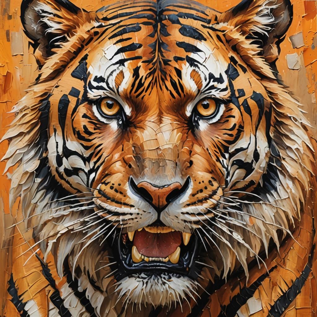 Roaring Tiger Portrait in Expressionist Oil Painting Style