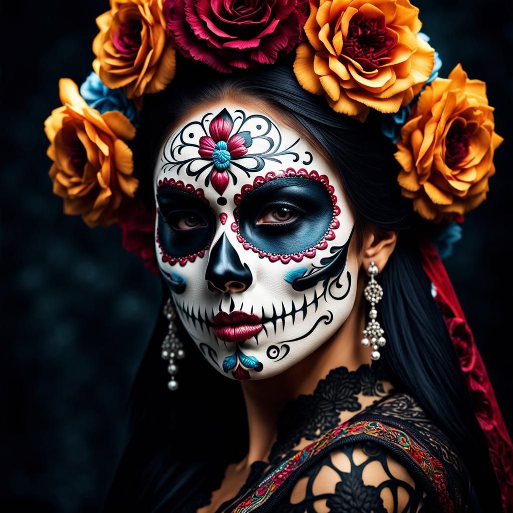 Realistic sugar skull woman's face,Day Of the dead intricate details, HDR, beautifully shot, hyperrealistic, sharp foc...