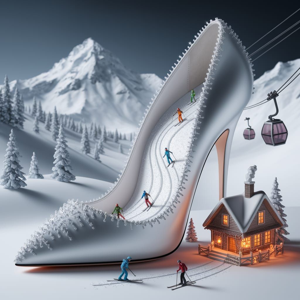 Snowy Alpine Diorama with High-Heeled Shoe