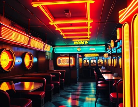Retro Cafe Glows with Vibrant Neon at Dusk
