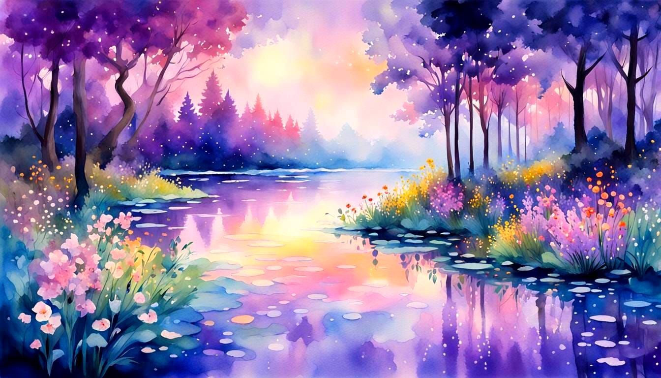 Ethereal Forest Lake Glade: Surreal Watercolor Art