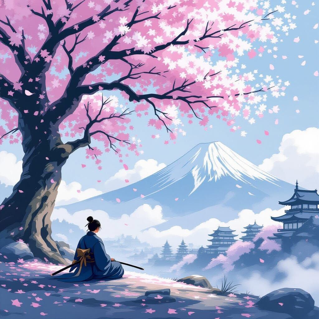 Samurai Meditating Under Cherry Blossom Tree