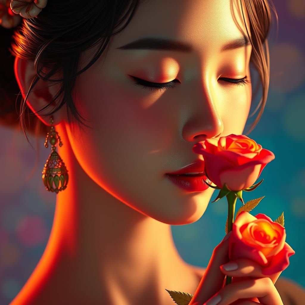 Vibrant Portrait of a Mysterious Woman with a Delicate Rose