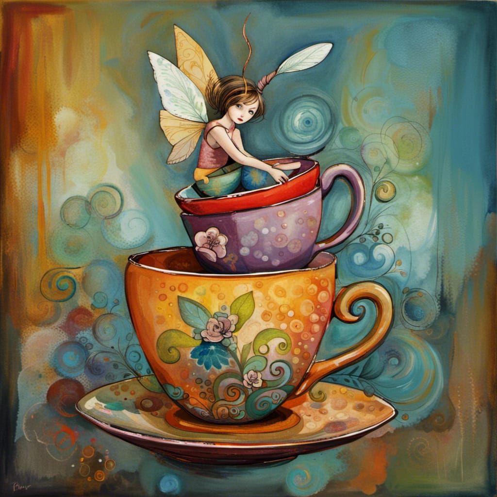 Teacup Pixie in Stacked Cups: Abstract Art
