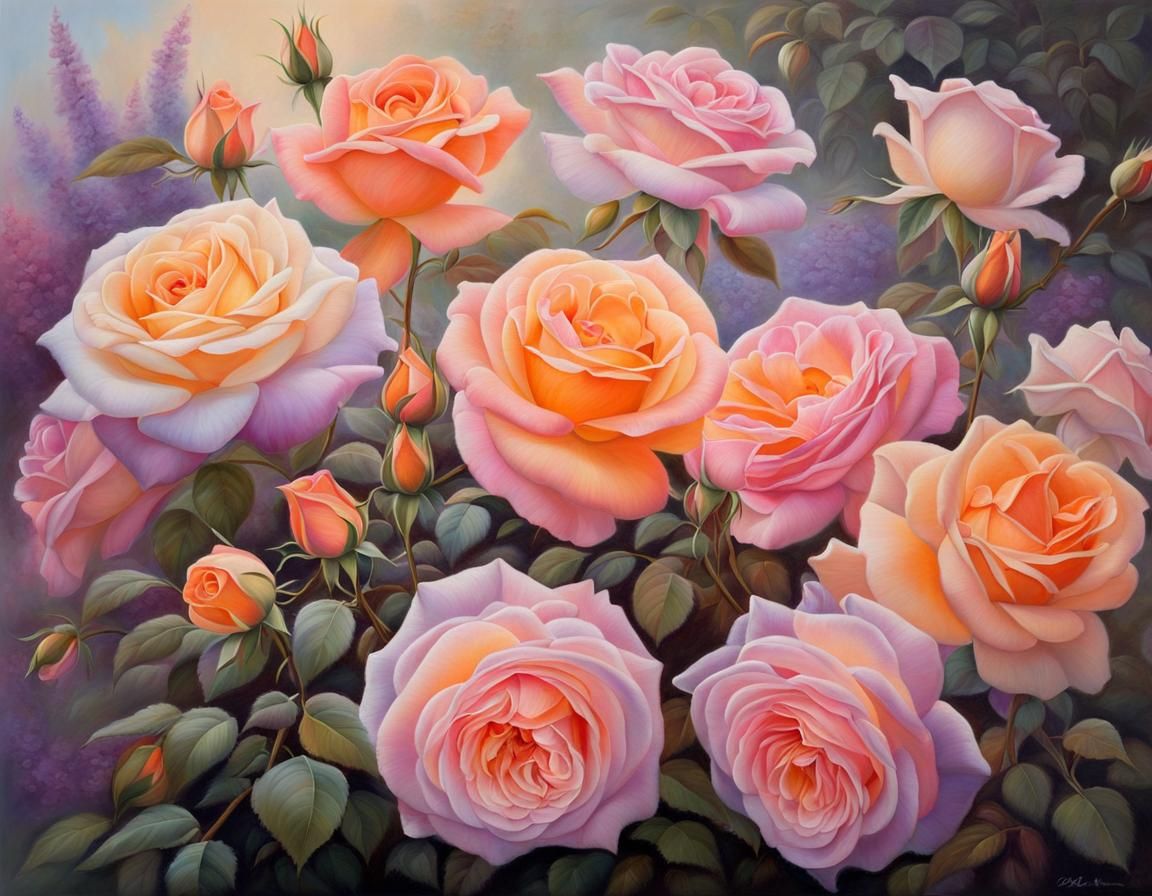 Glowing Pastel Roses in Ethereal Garden Oil Painting
