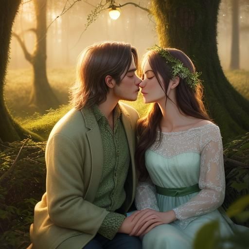 Romantic Couple Kissing in Moonlit Southern Landscape