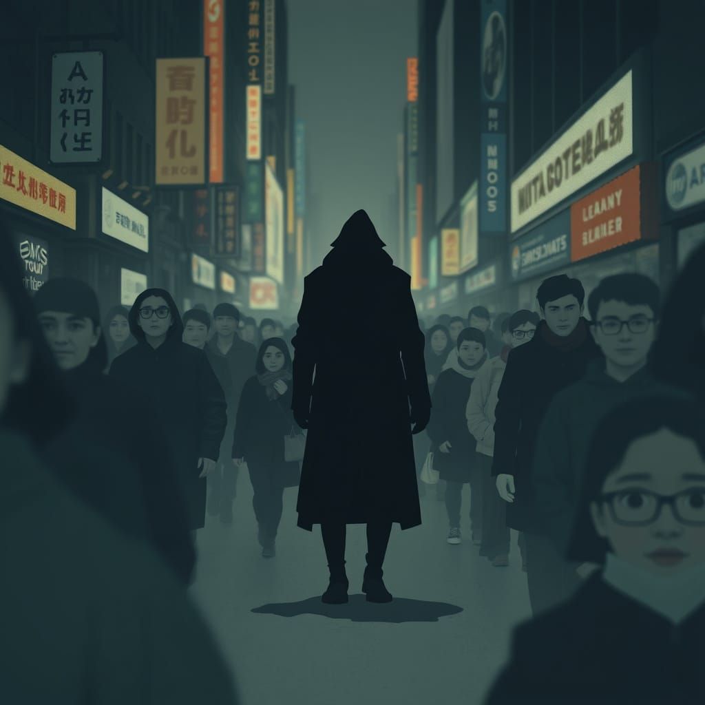 Lonely Figure Disappears on Crowded Street, Whimsical Style