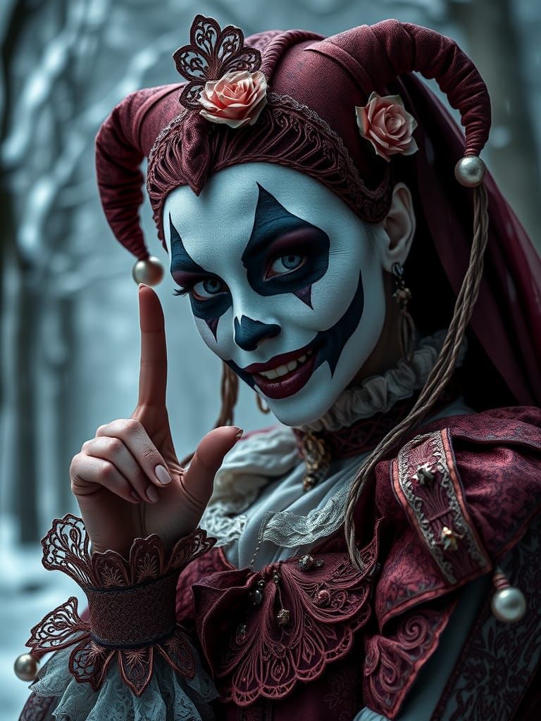 Sinister Harlequin in Victorian Attire, Cinematic Winter Sce...