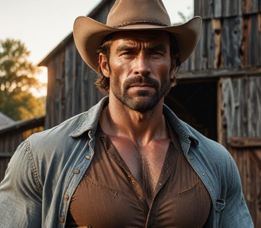 Handsome Cowboy with Chiselled Physique in Western Attire