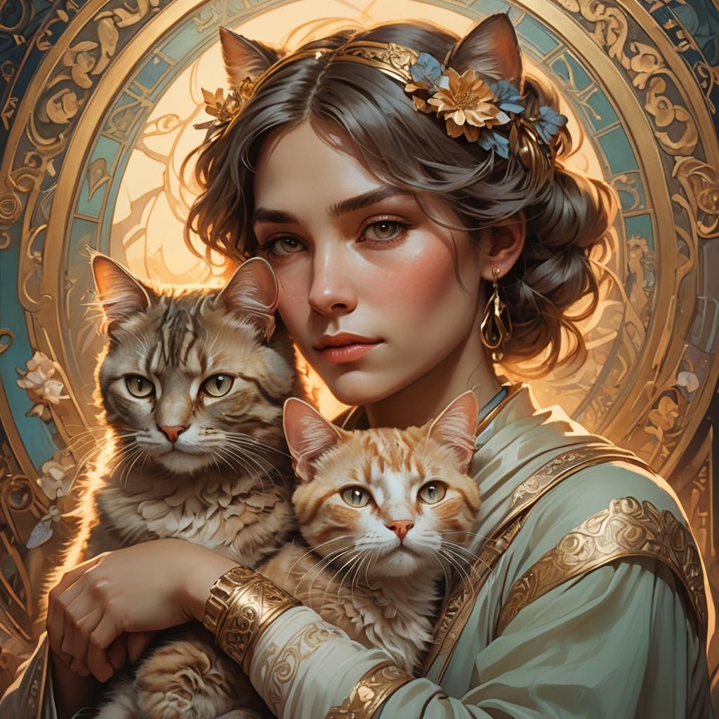 Woman with Cat in Alphonse Mucha Style