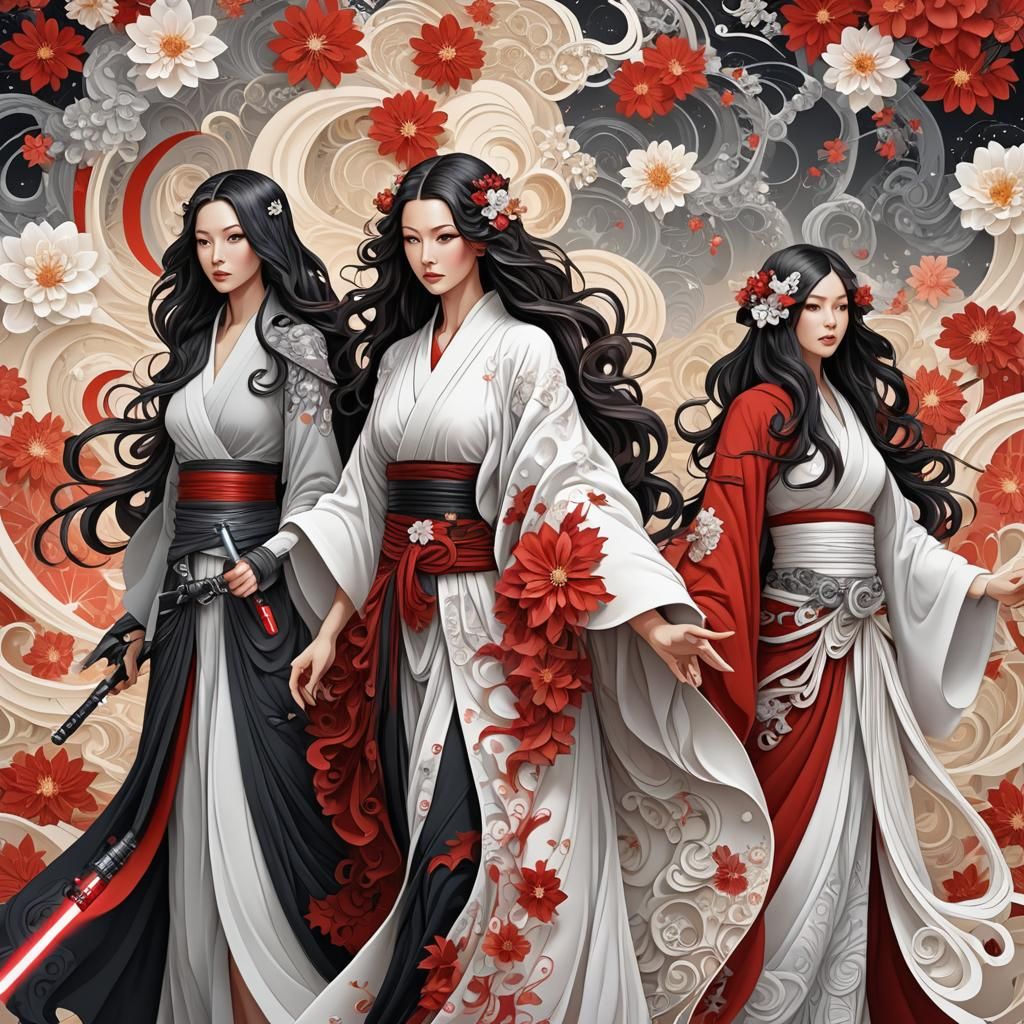 Three Jedi Women with Lightsabers in Fractal Style