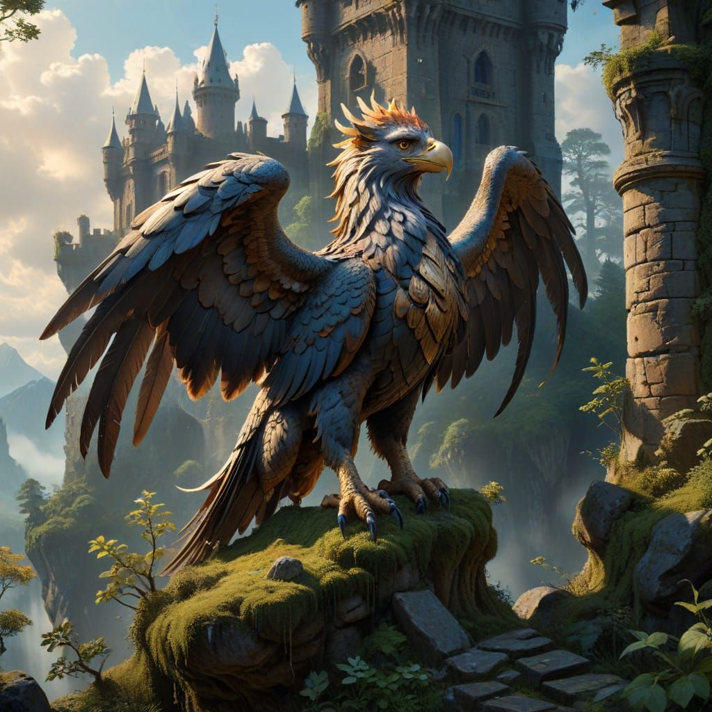 Griffin Perched Atop Castle: Hyperrealistic 3D Oil Painting