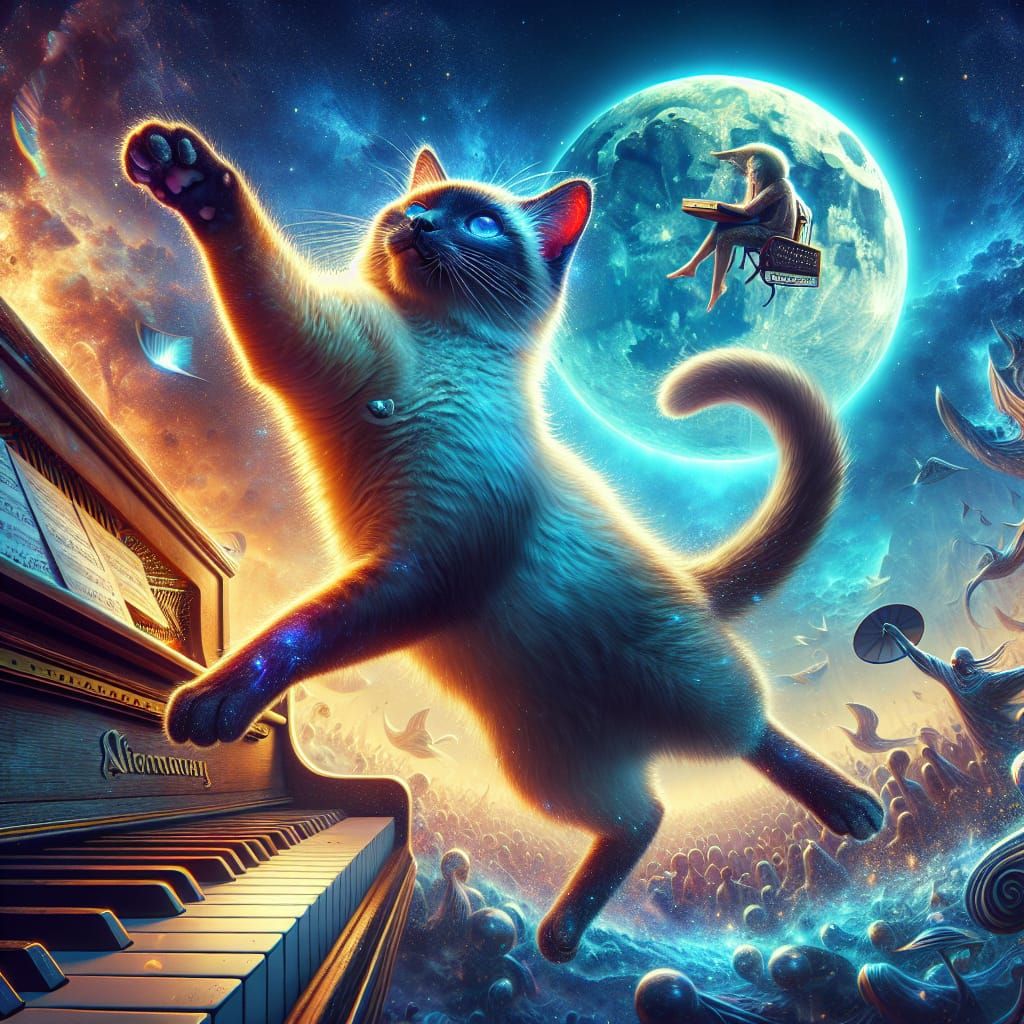 Siamese Cat's Lunar Piano Journey: Fantasy Art