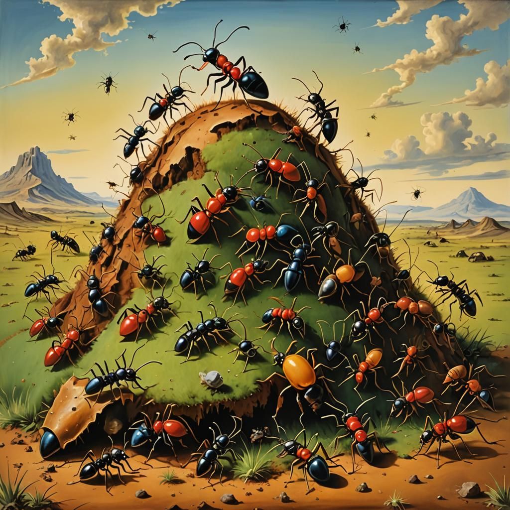 Surreal Ant Colony with Anteater, Dali-esque Oil Painting