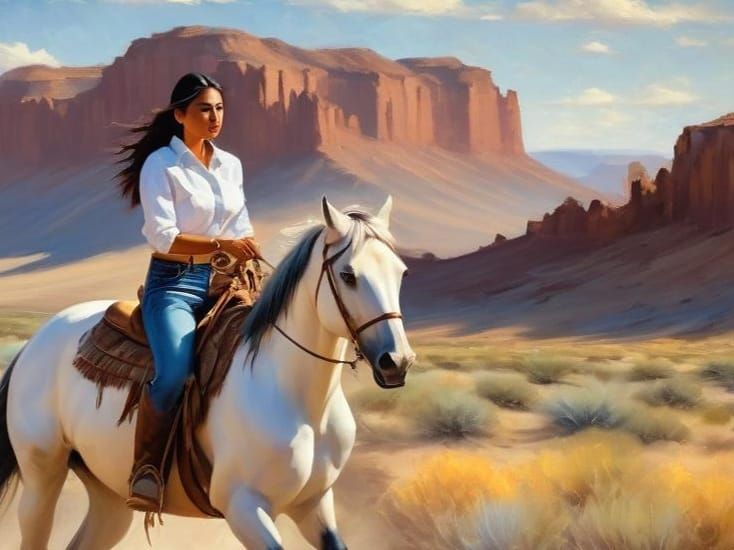 Navajo Woman Rides Horse in Desert Landscape Painting