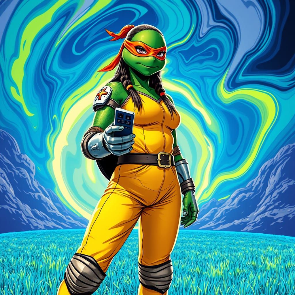 Futuristic Ninja Turtle Woman Dominates Electric Blue Astrot...