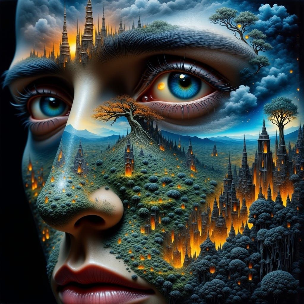 Surreal World Inside Water Drop Dripping Off Man's Nose