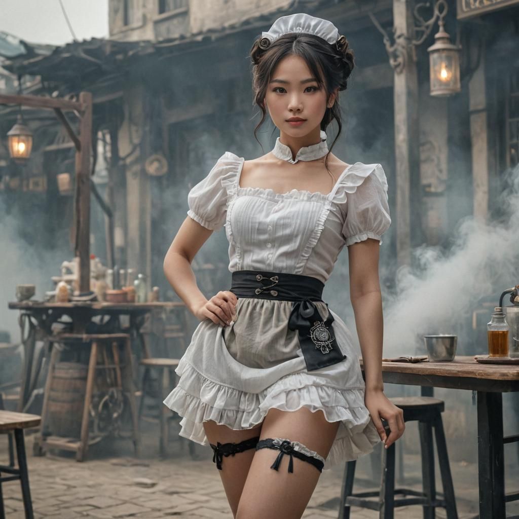 Vietnamese Woman in Steampunk Maid Outfit, 3D Anime Art