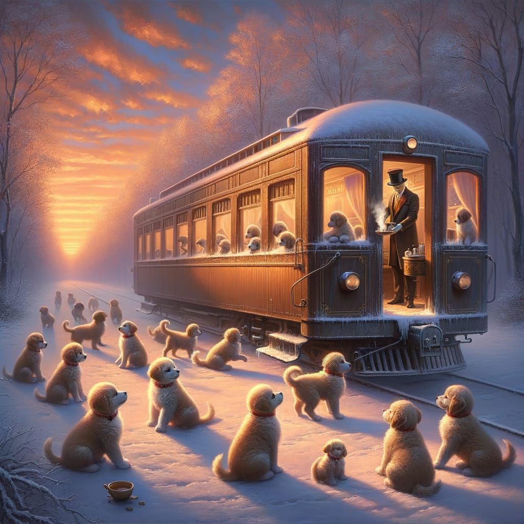 Vintage Train Sunset with Automaton and Puppies